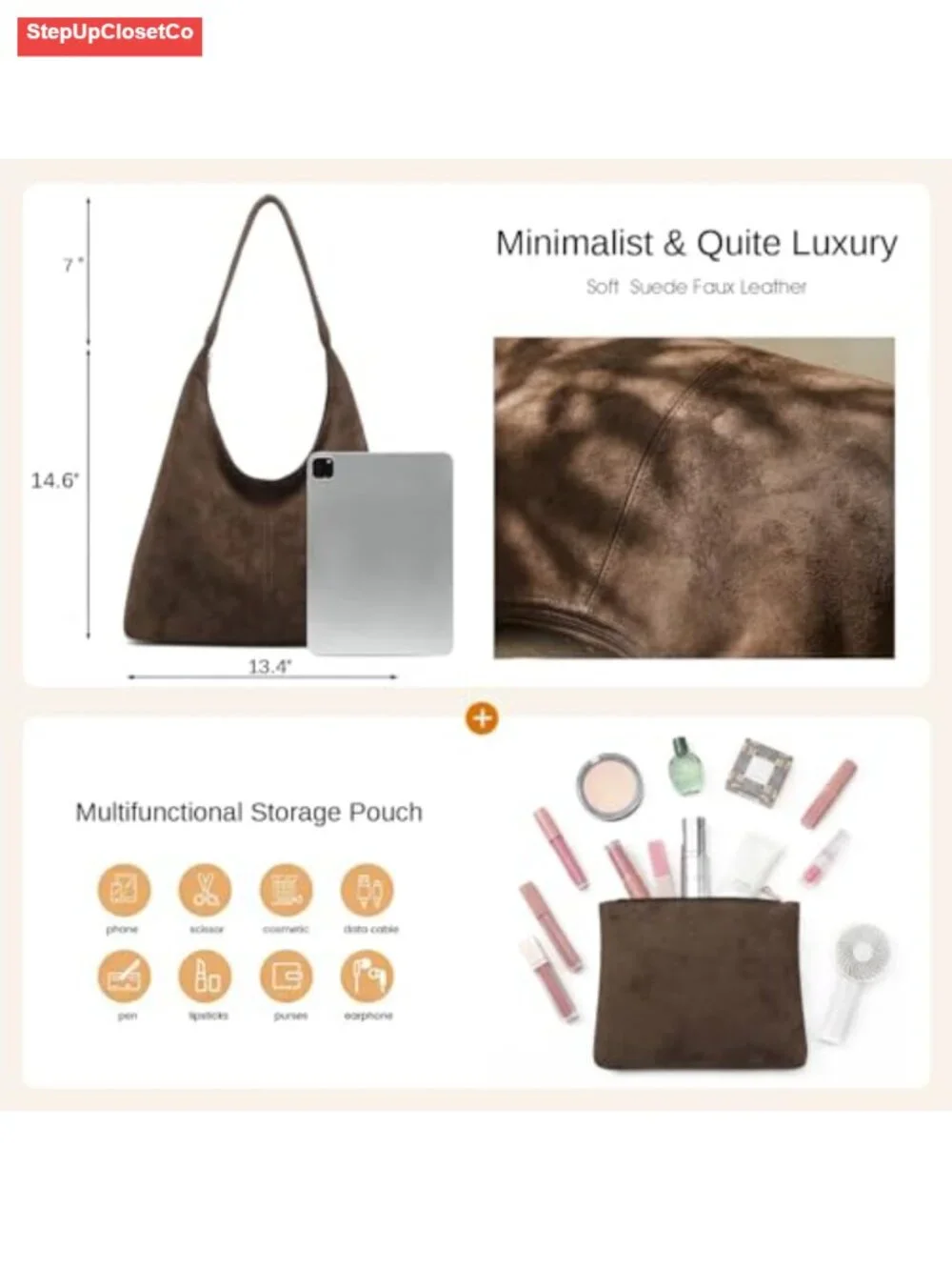 Slouchy Suede Hobo Bag Women Shoulder Tote Purse Faux Suede Handbag Work Travel
